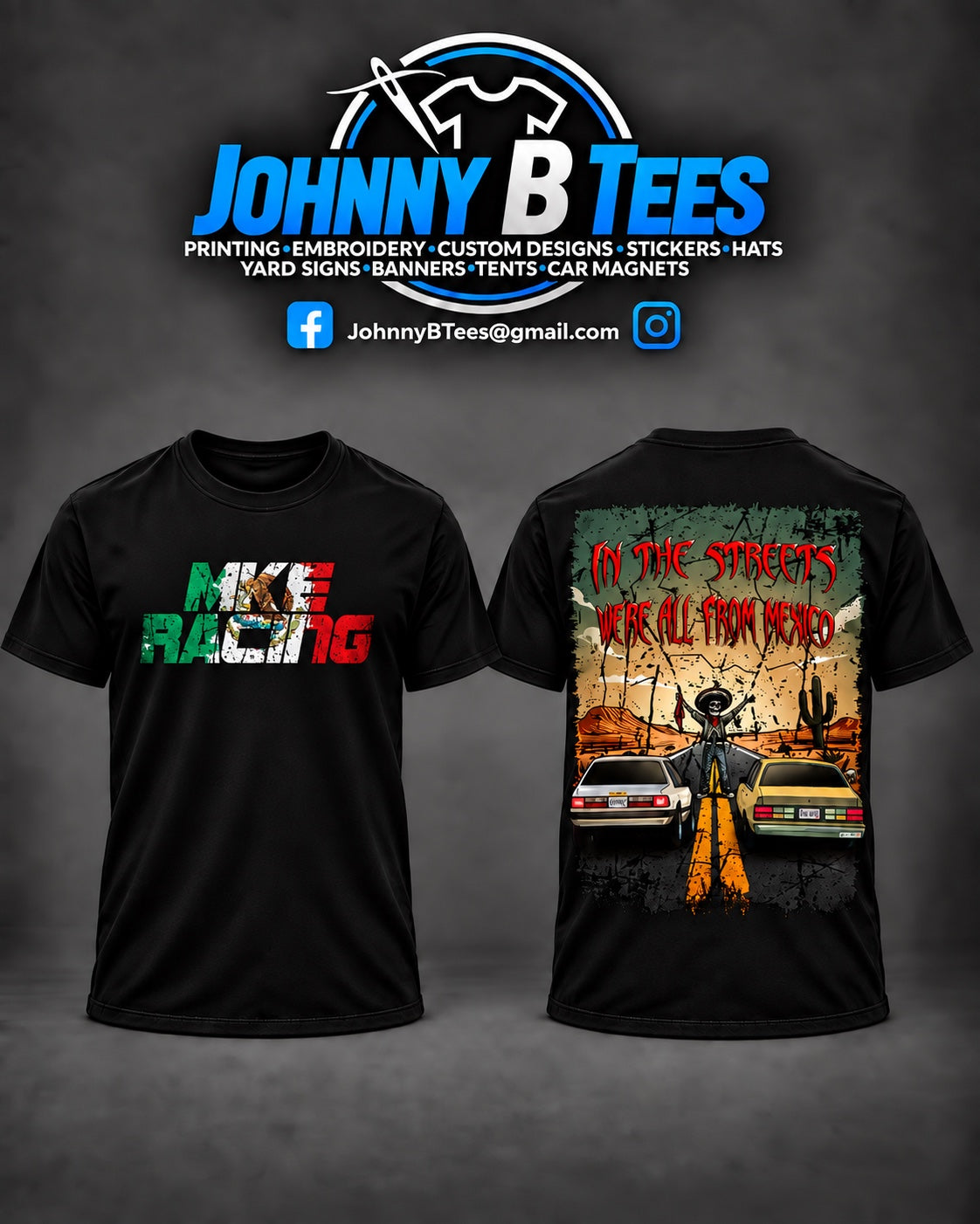 Front and back of a black MKE Racing Mexico T-shirt with a Mexican flag logo and desert racing graphic.