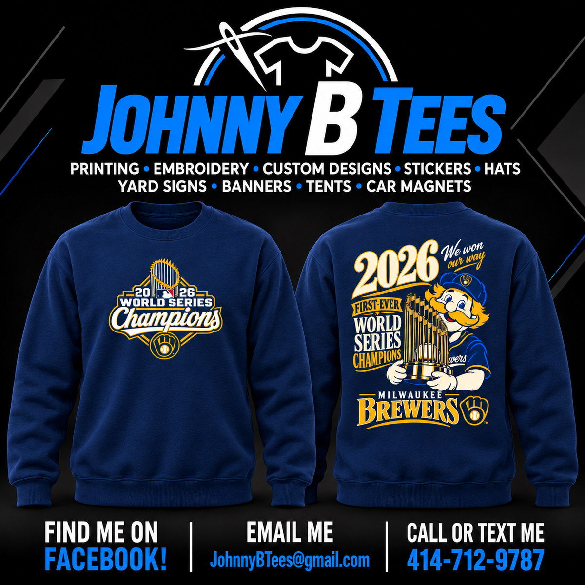 Brewers 2026 Bernie Trophy Championship – Navy Crewneck – Trophy Shield — front and back views