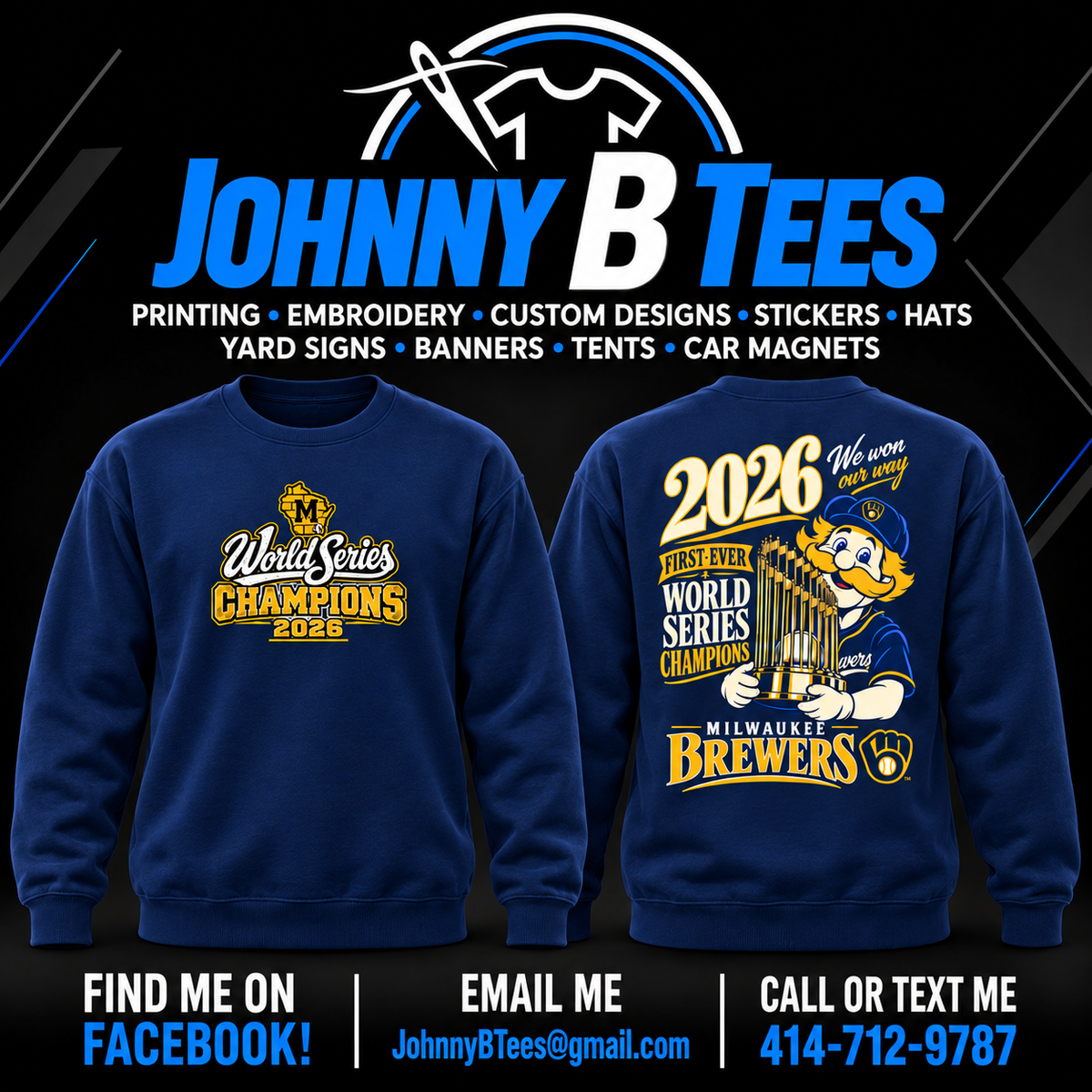 Brewers 2026 Bernie Trophy Championship – Navy Crewneck – Wisconsin M — front and back views