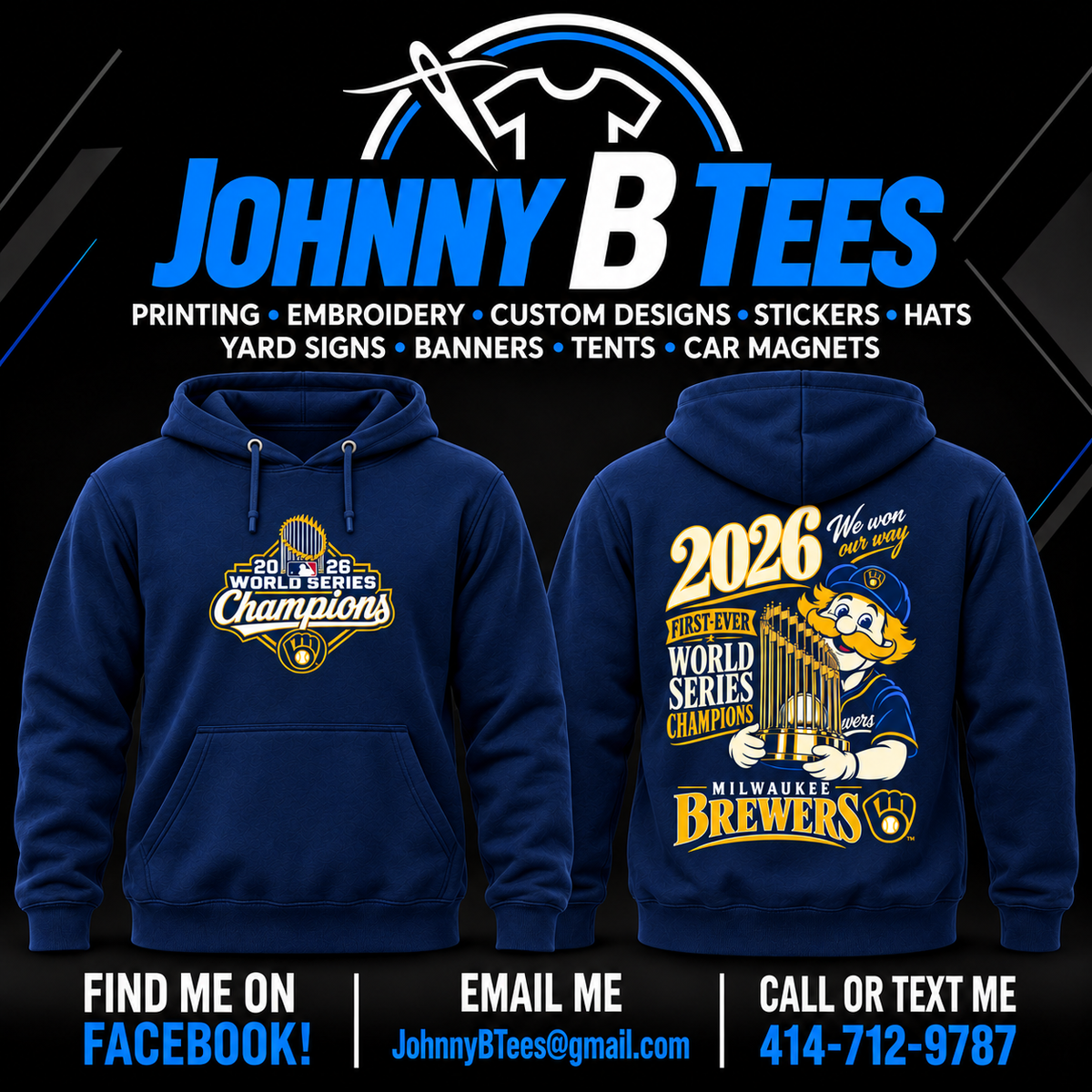 Brewers 2026 Bernie Trophy Championship – Navy Hoodie – Trophy Shield — front and back views
