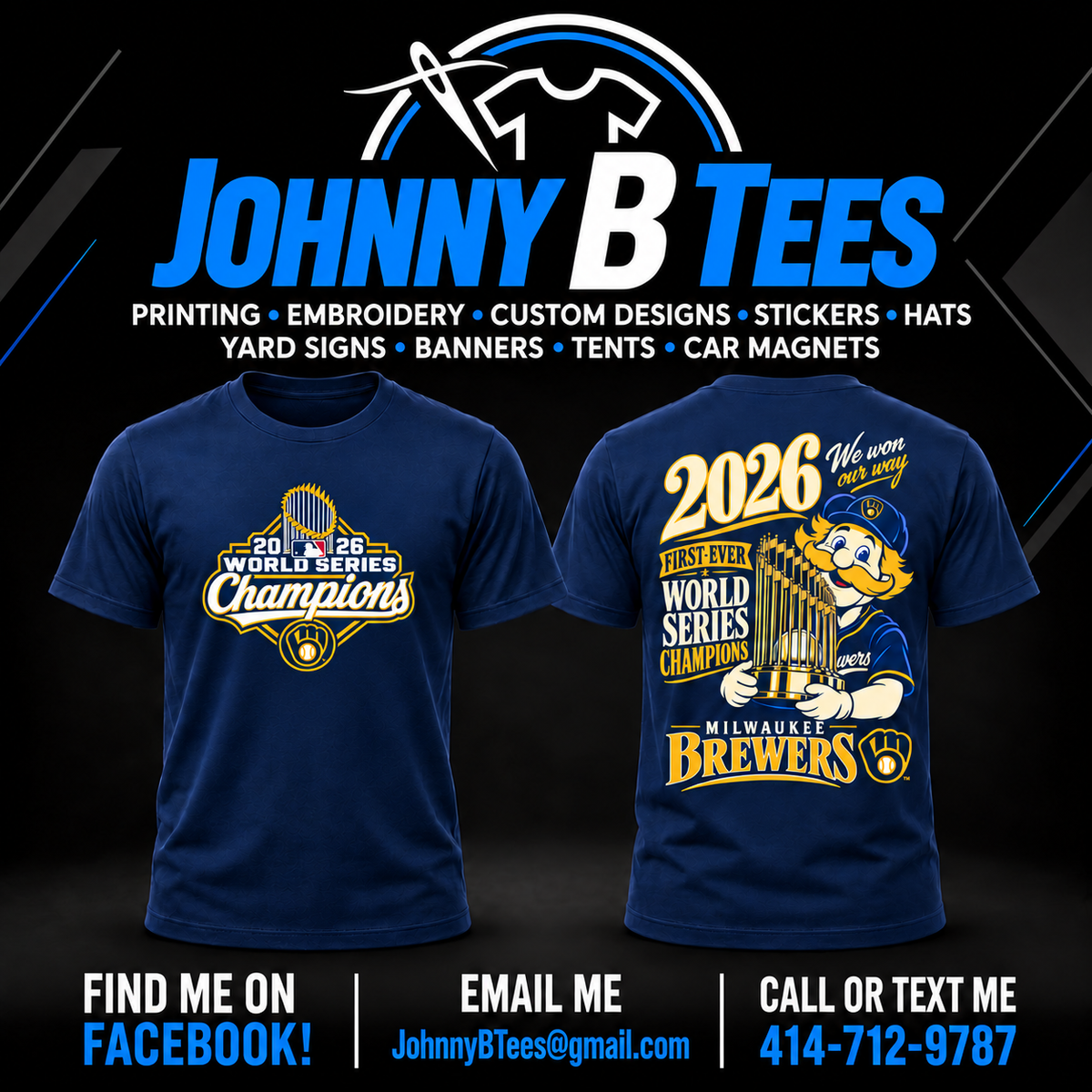 Brewers 2026 Bernie Trophy Championship – Navy T-Shirt – Trophy Shield — front and back views
