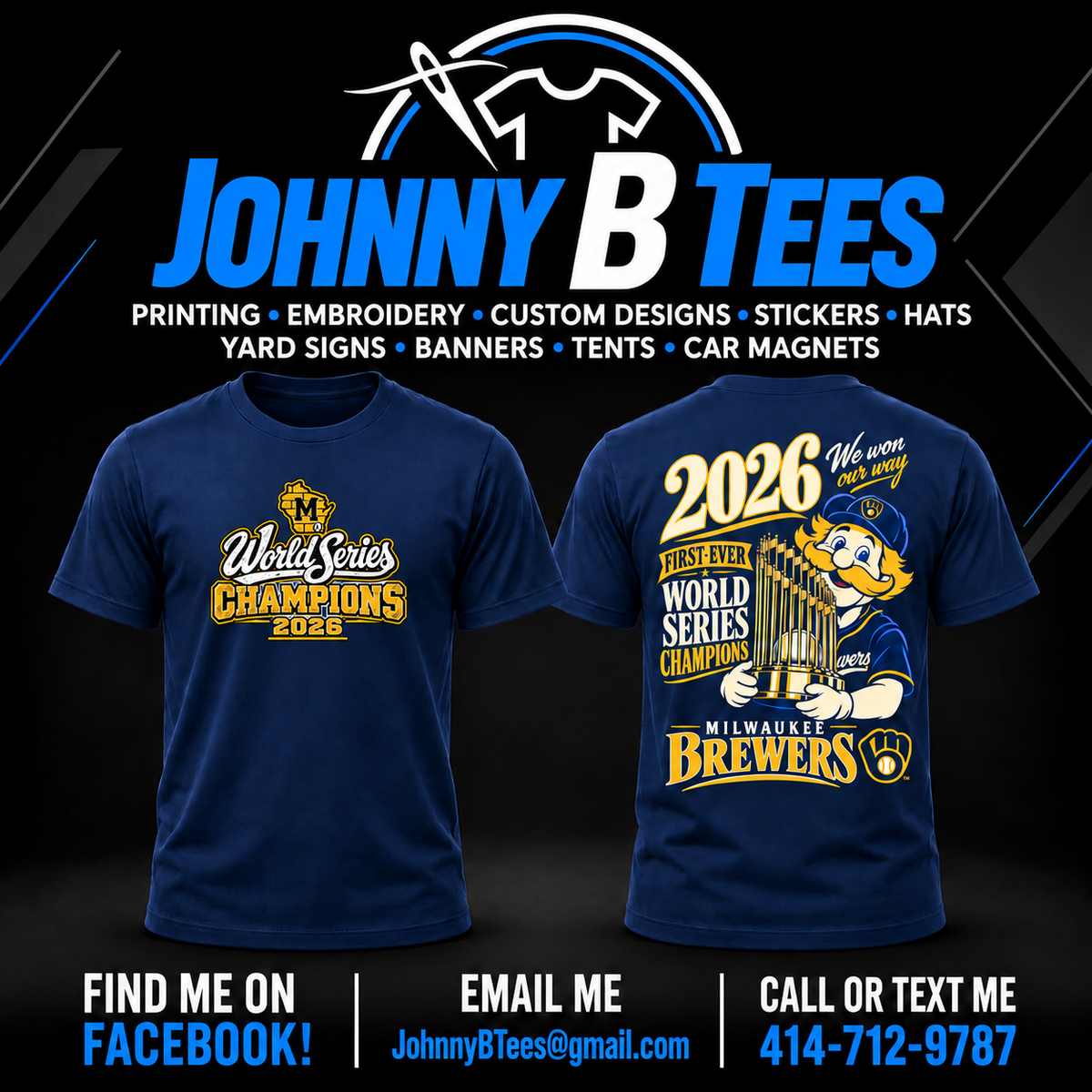 Brewers 2026 Bernie Trophy Championship – Navy T-Shirt – Wisconsin M — front and back views