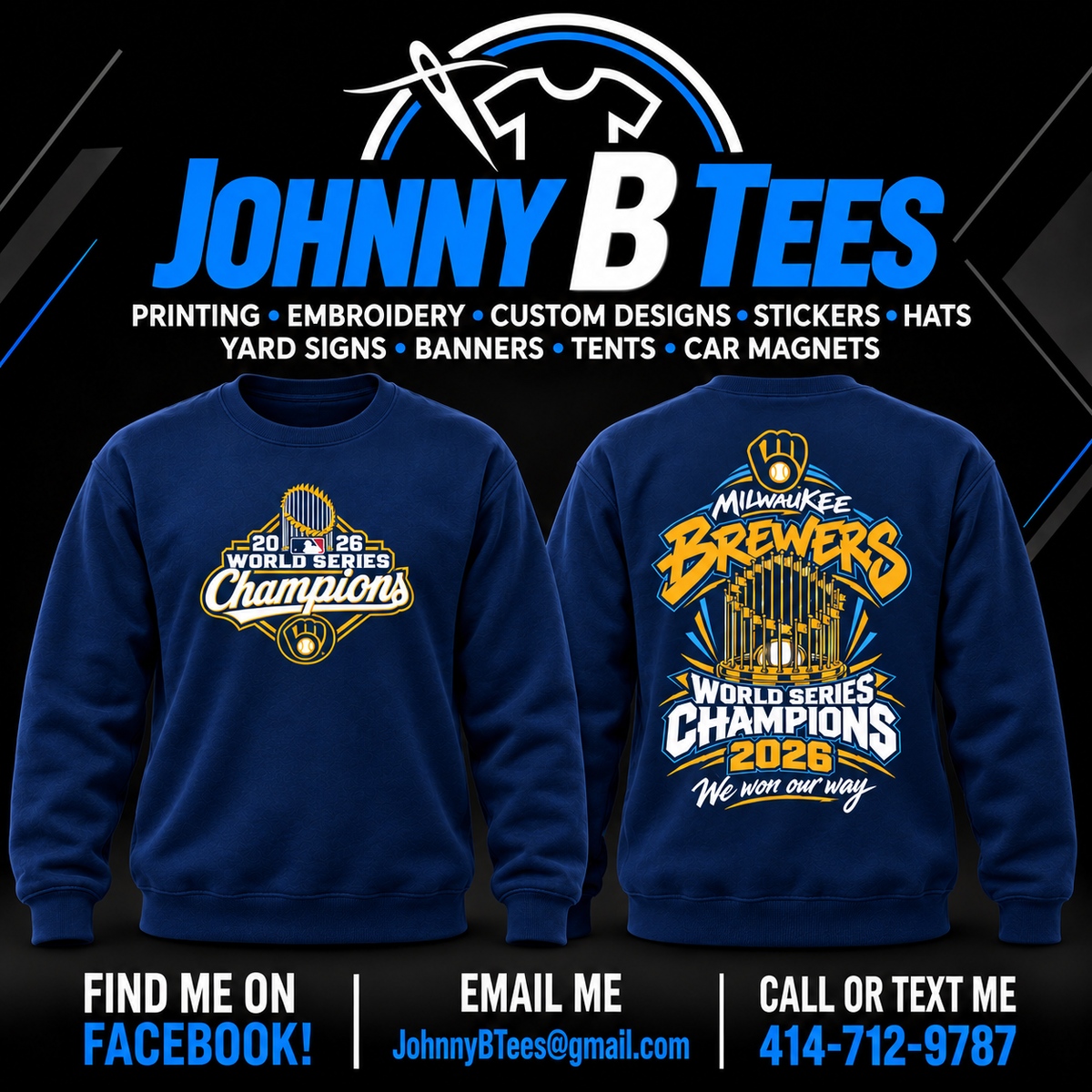 Brewers 2026 Graffiti Trophy Championship – Navy Crewneck – Trophy Shield — front and back views
