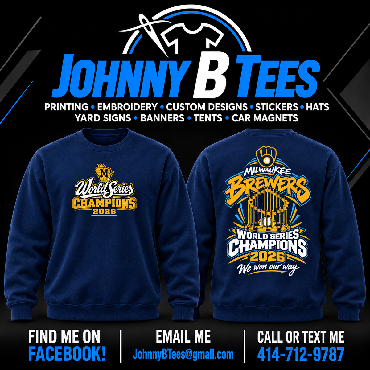 Brewers 2026 Graffiti Trophy Championship – Navy Crewneck – Wisconsin M — front and back views