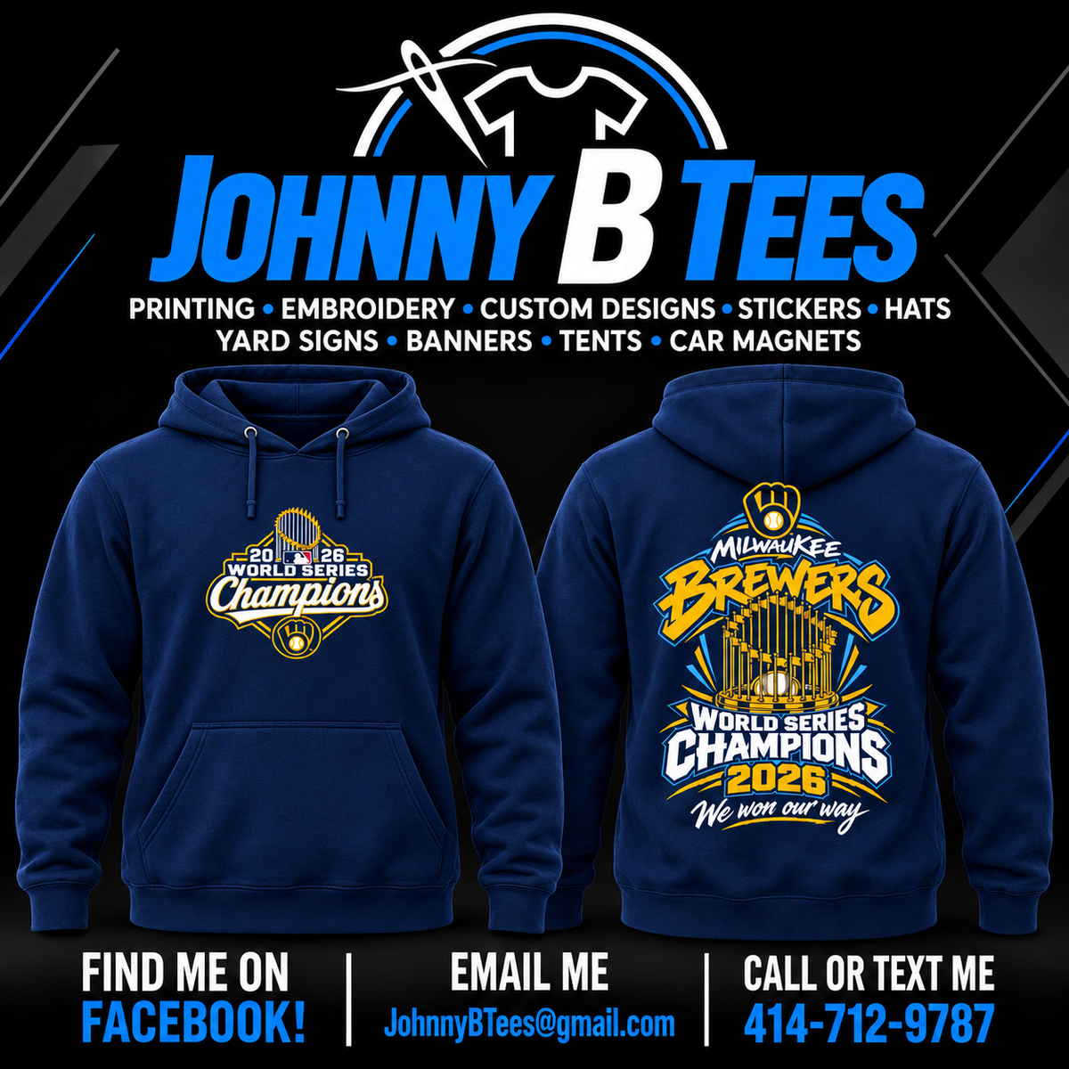 Brewers 2026 Graffiti Trophy Championship – Navy Hoodie – Trophy Shield — front and back views