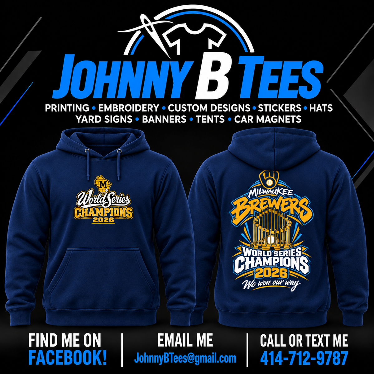 Brewers 2026 Graffiti Trophy Championship – Navy Hoodie – Wisconsin M — front and back views
