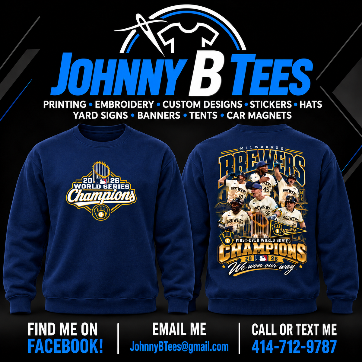 Brewers 2026 Six-Player Championship Collage – Navy Crewneck – Trophy Shield — front and back views