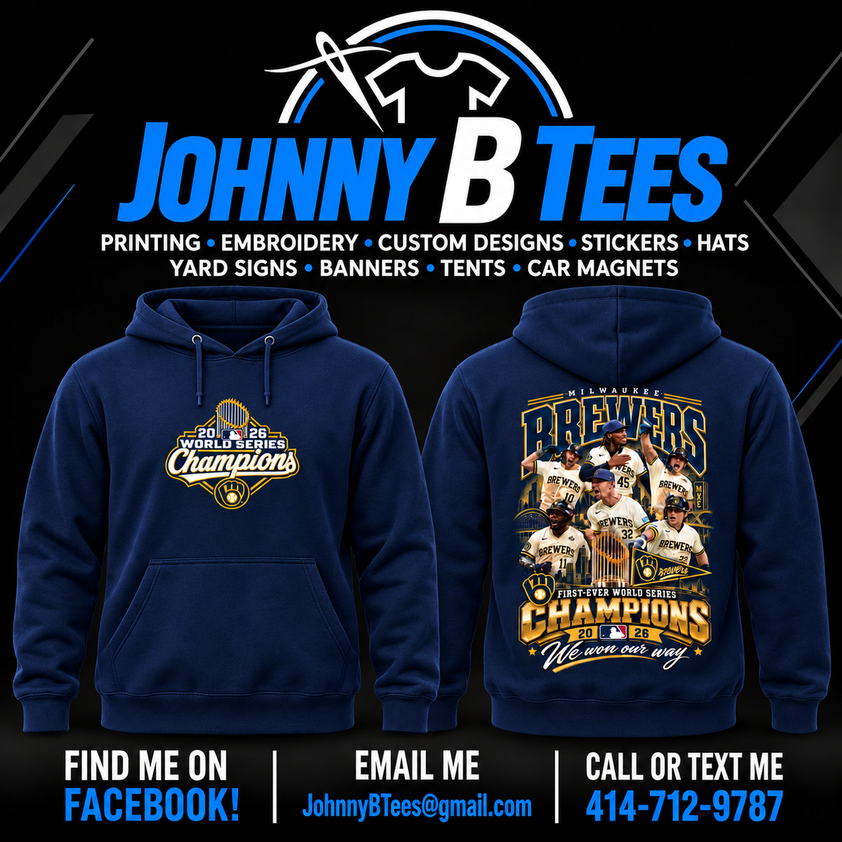 Brewers 2026 Six-Player Championship Collage – Navy Hoodie – Trophy Shield — front and back views