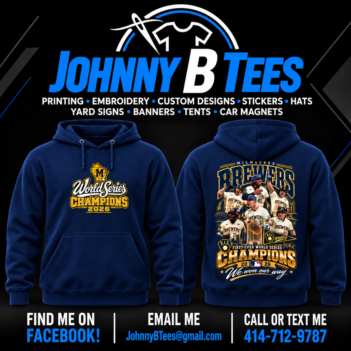 Brewers 2026 Six-Player Championship Collage – Navy Hoodie – Wisconsin M — front and back views