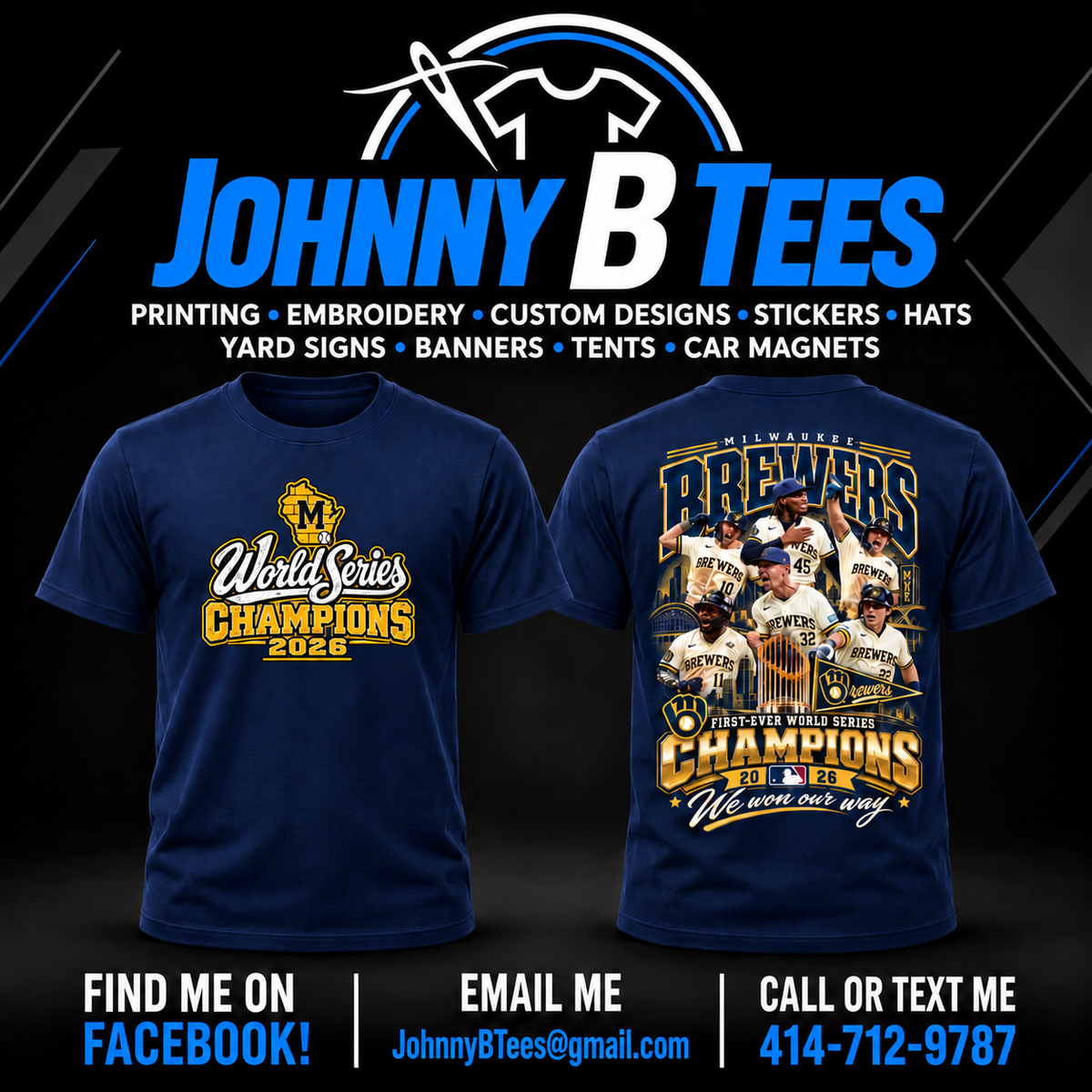 Brewers 2026 Six-Player Championship Collage – Navy T-Shirt – Wisconsin M — front and back views