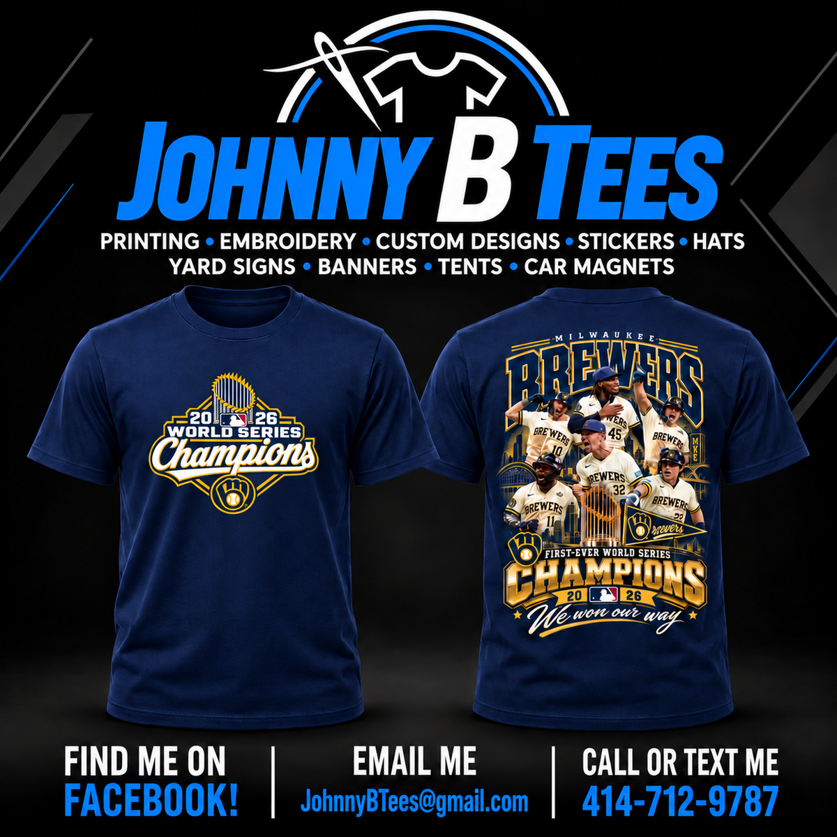 Brewers 2026 Six-Player Championship Collage – Navy T-Shirt – Trophy Shield — front and back views