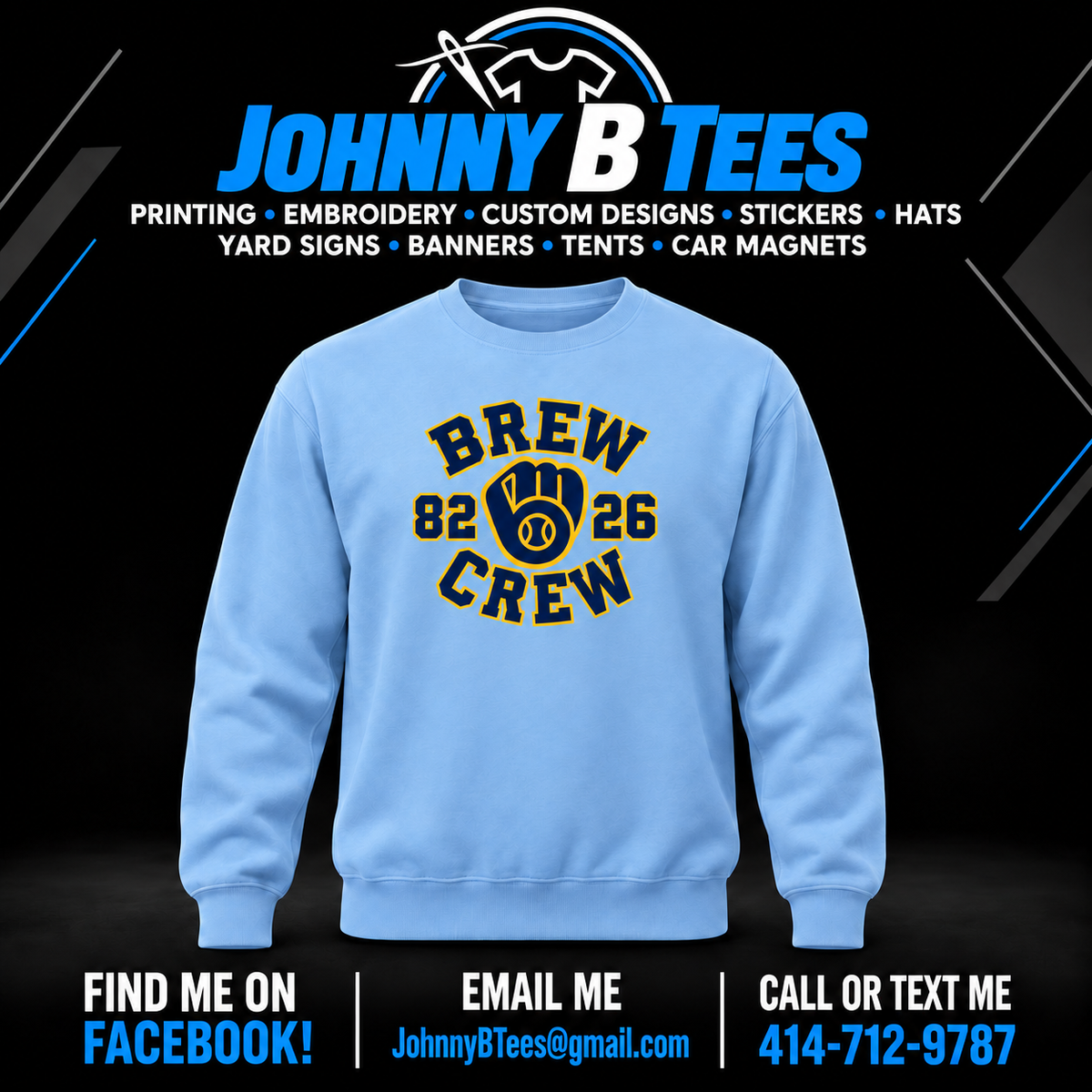 Light Blue Brew Crew 82 26 Crewneck with centered navy and gold front print