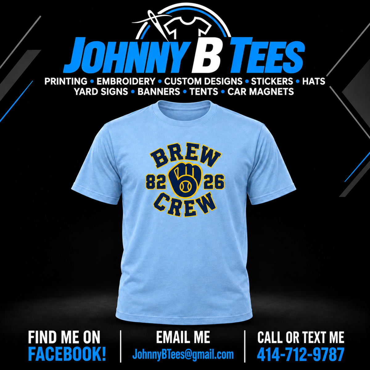Light Blue Brew Crew 82 26 T-Shirt with centered navy and gold front print