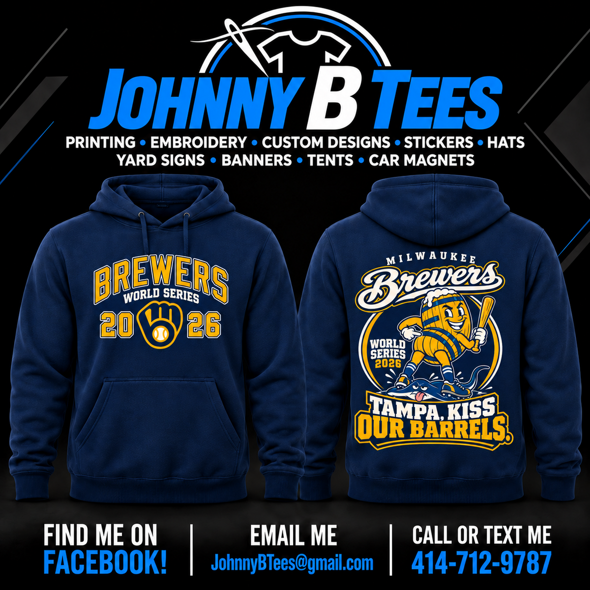 Front and back of the navy Brewers Tampa, Kiss Our Barrels hoodie.