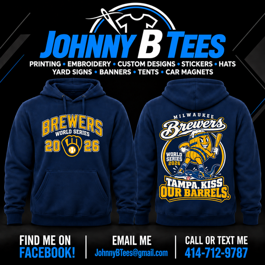 Front and back of the navy Brewers Tampa, Kiss Our Barrels hoodie.