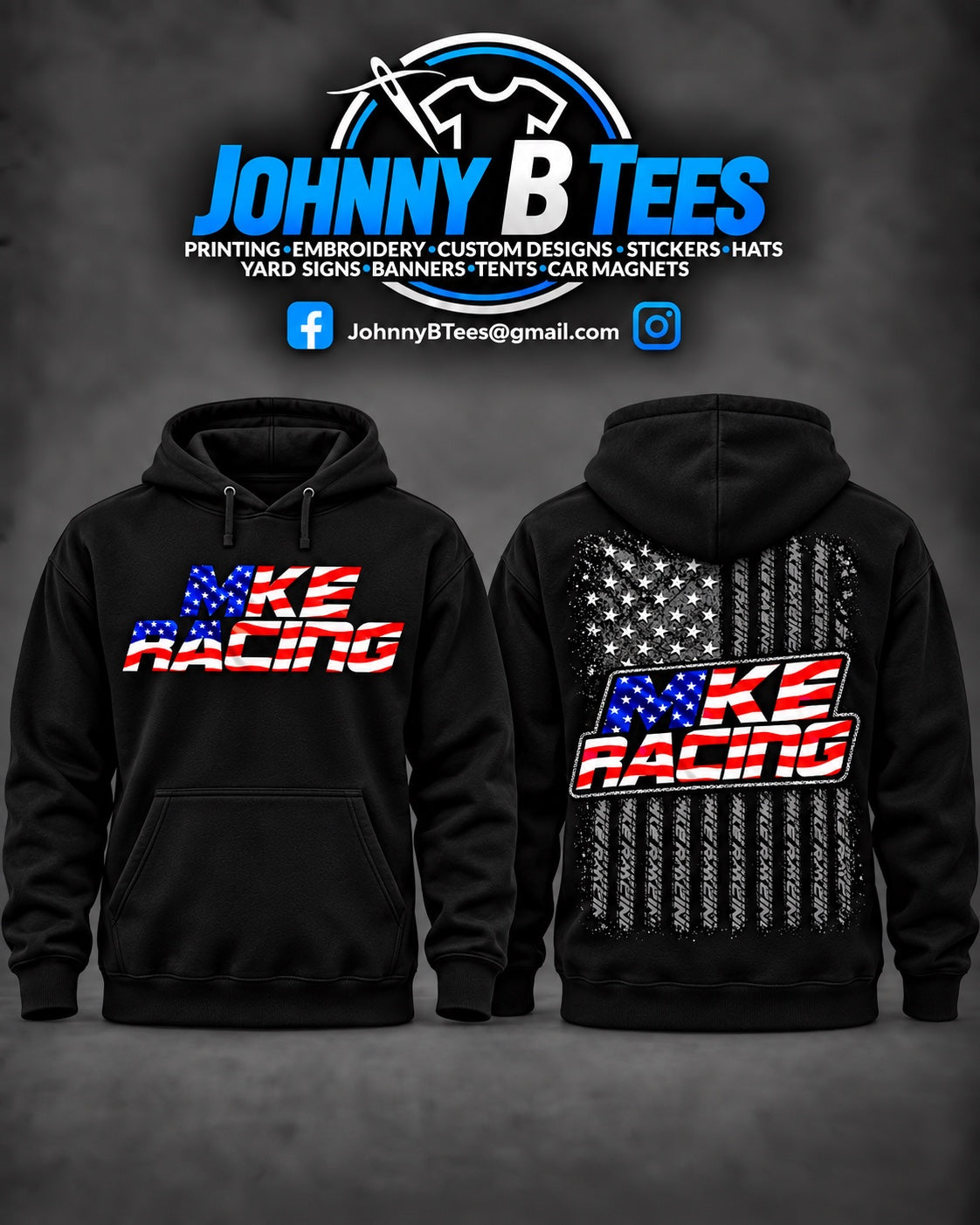 MKE Racing American Flag Black Hoodie mockup showing front and back