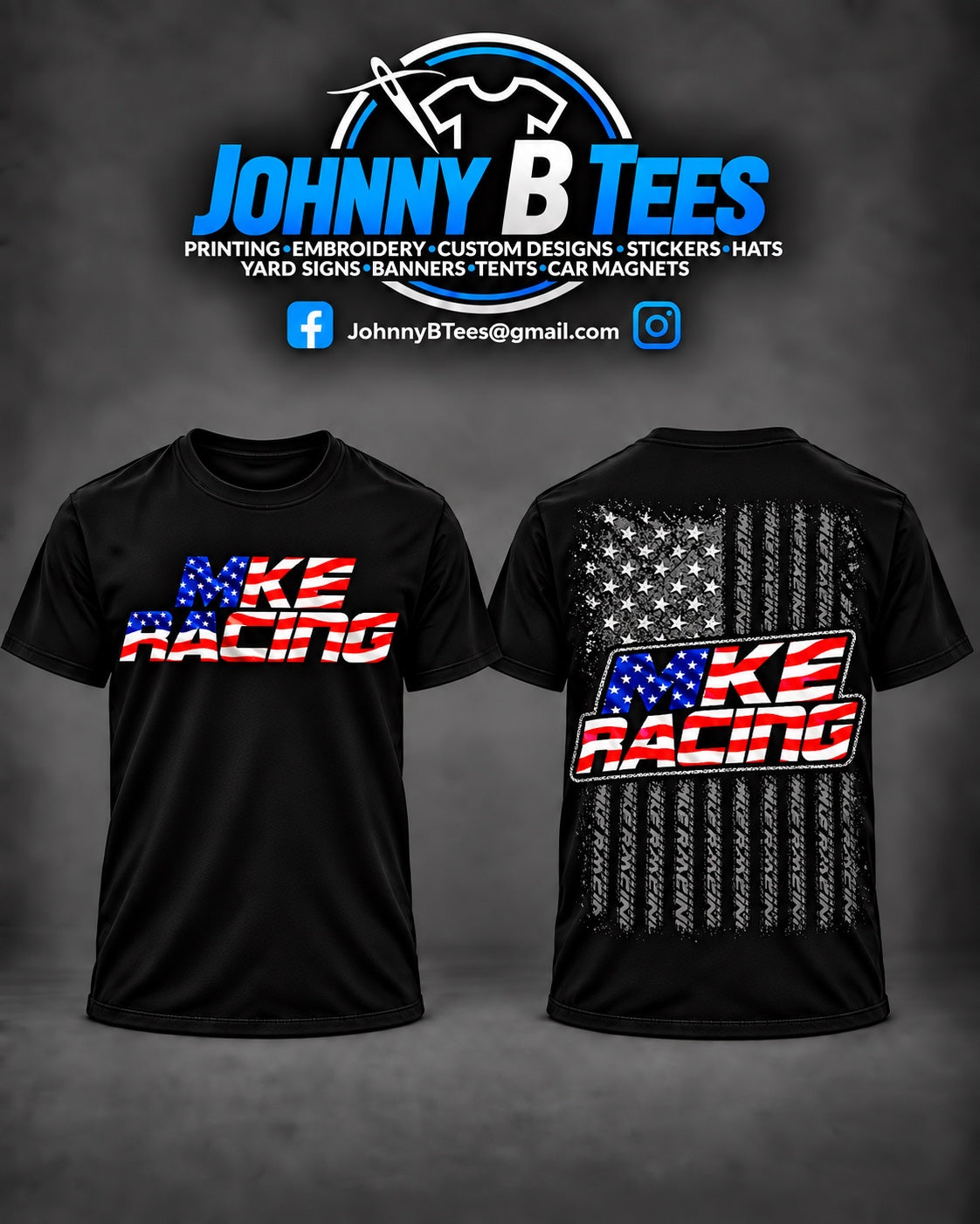 Front and back of a black MKE Racing American flag T-shirt with red, white, and blue logos and a distressed flag back print.