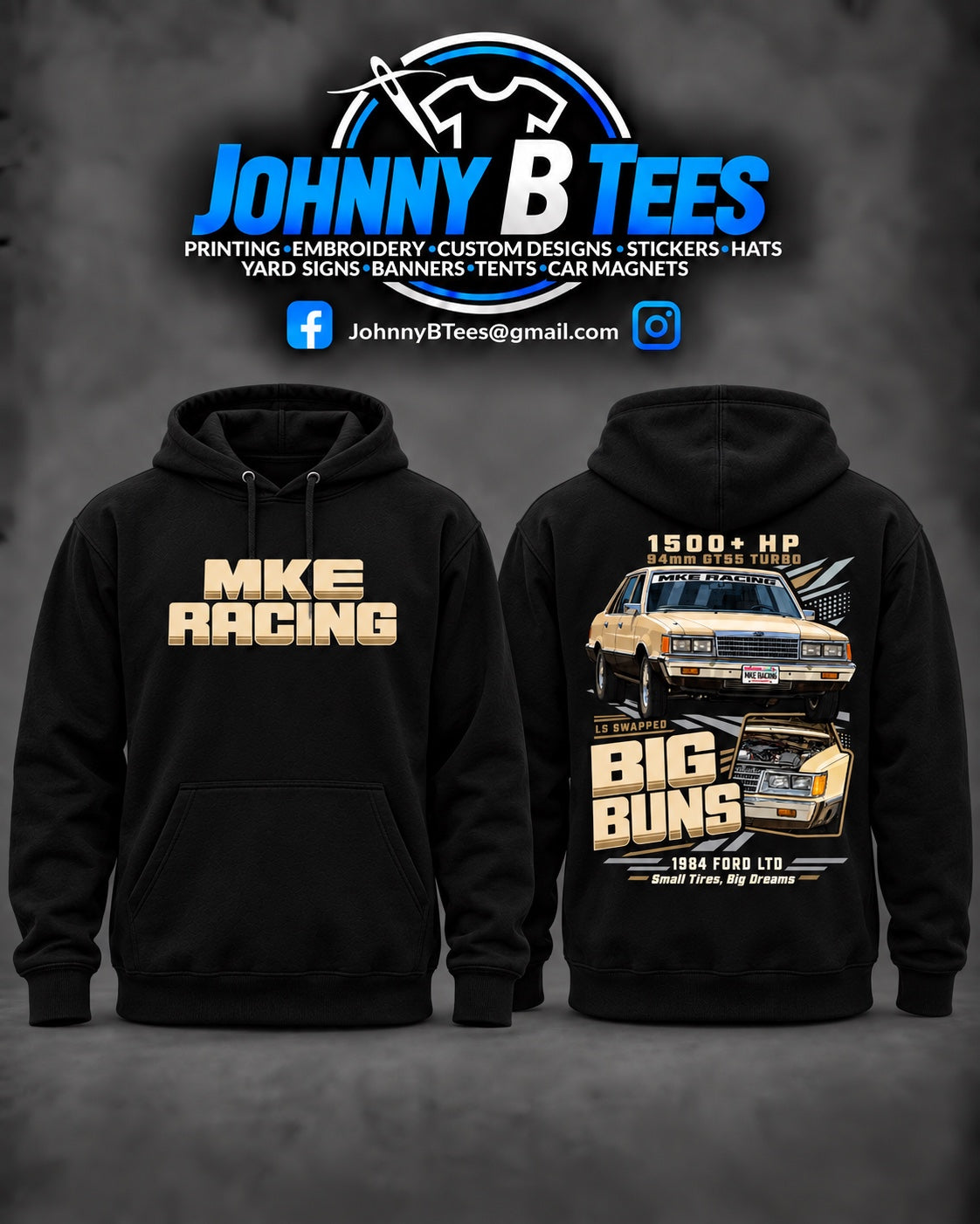 MKE Racing Big Buns 1984 Ford LTD Black Hoodie mockup showing front and back