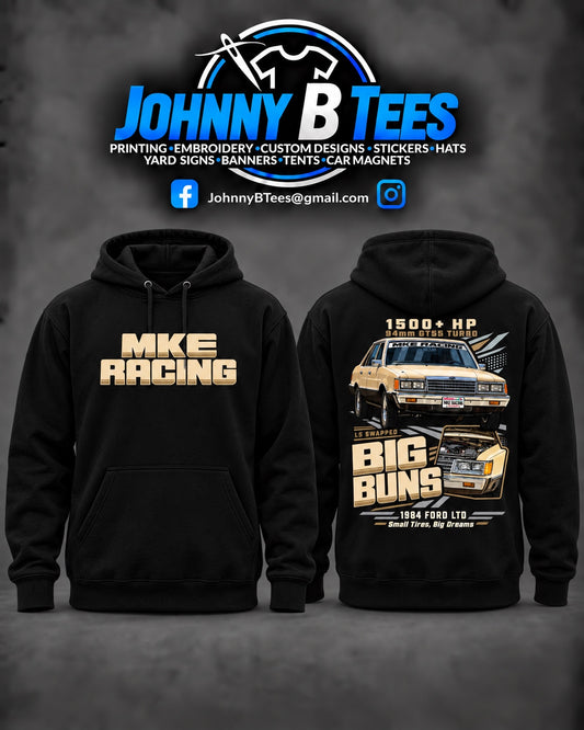 MKE Racing Big Buns 1984 Ford LTD Black Hoodie mockup showing front and back