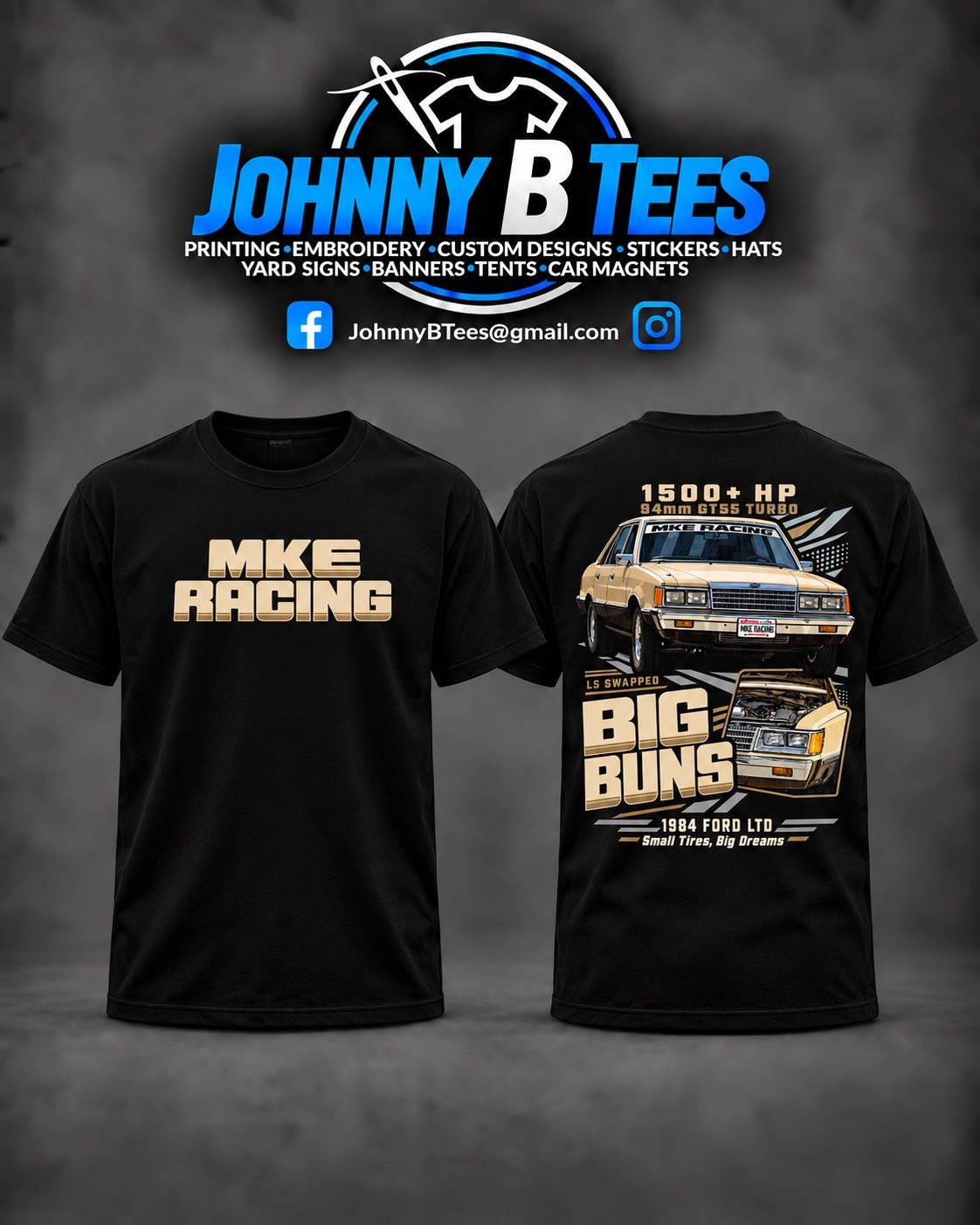 Front and back of a black MKE Racing Big Buns T-shirt with a gold-tone chest logo and a tan 1984 Ford LTD back graphic.