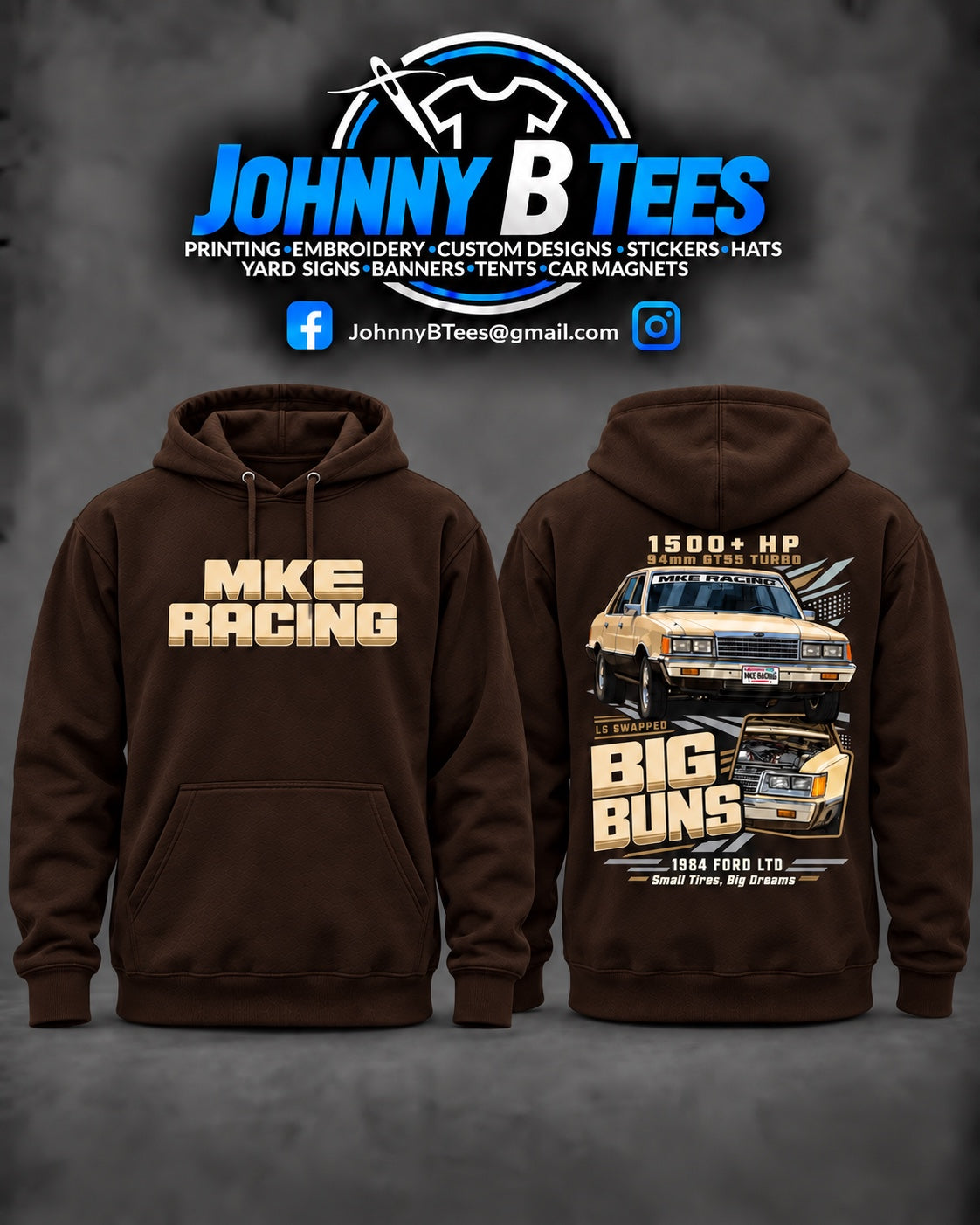 MKE Racing Big Buns 1984 Ford LTD Brown Hoodie mockup showing front and back