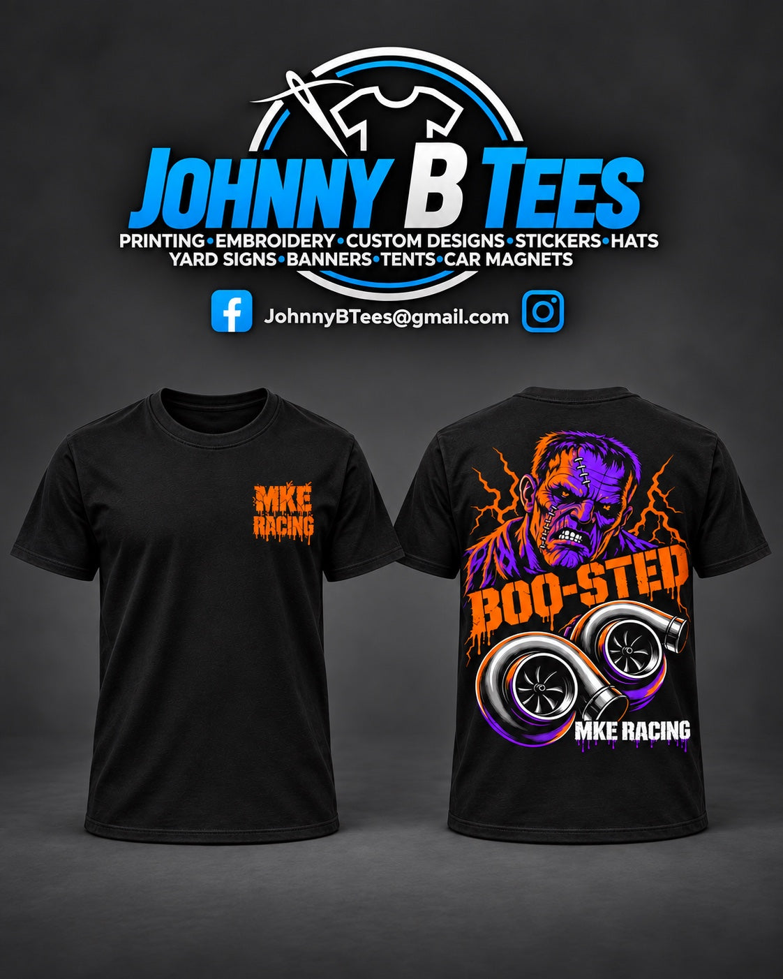 Front and back of a black MKE Racing BOO-STED T-shirt with an orange chest logo and purple-and-orange Frankenstein and twin-turbo back print.