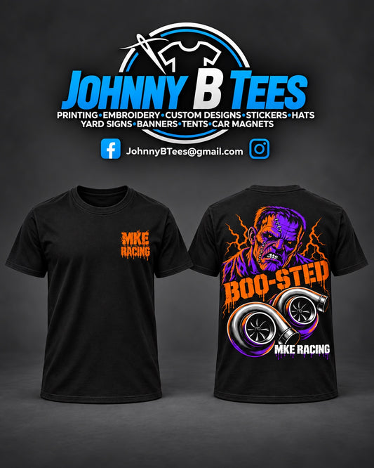 Front and back of a black MKE Racing BOO-STED T-shirt with an orange chest logo and purple-and-orange Frankenstein and twin-turbo back print.