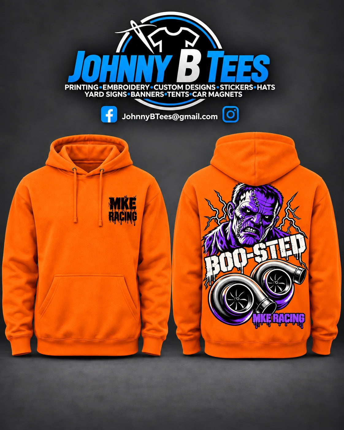 Front and back of the orange MKE Racing BOO-STED hoodie with a black chest logo and purple Frankenstein and twin-turbo back graphic.