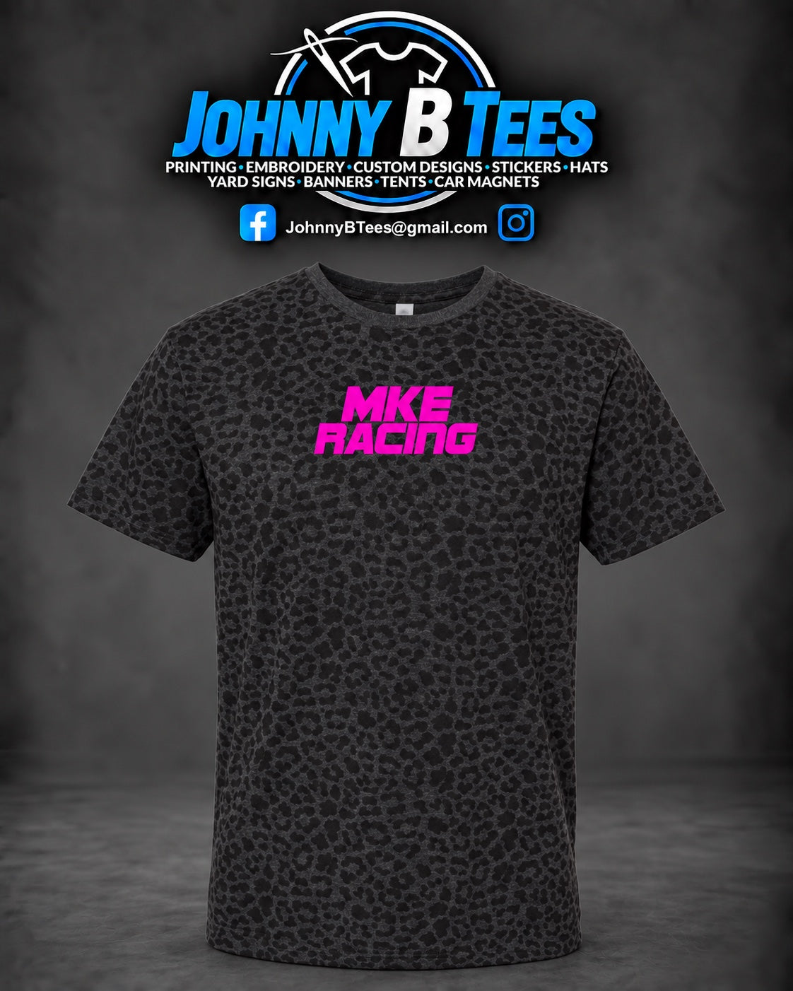 Black and charcoal leopard-print T-shirt with a hot pink MKE Racing chest logo.