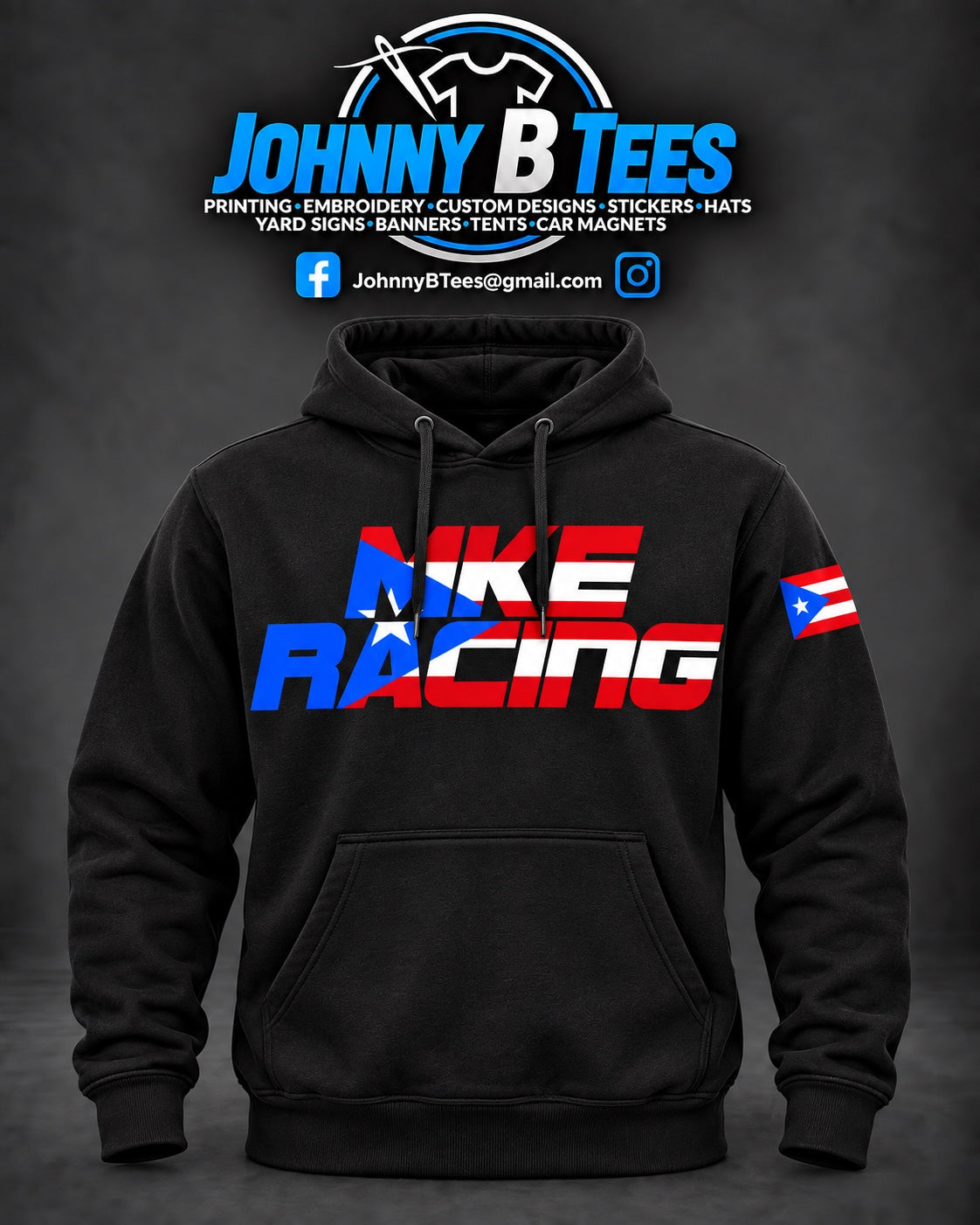 Black MKE Racing pullover hoodie with a Puerto Rican flag chest logo, matching sleeve flag, drawstring hood, and front pouch pocket.