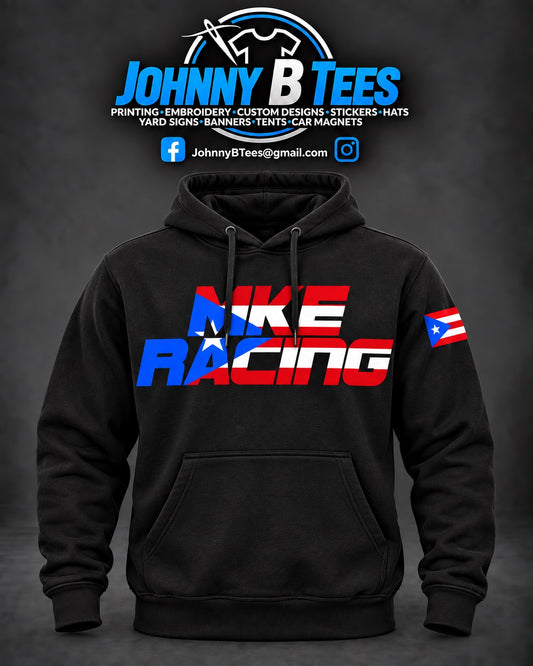 Black MKE Racing pullover hoodie with a Puerto Rican flag chest logo, matching sleeve flag, drawstring hood, and front pouch pocket.