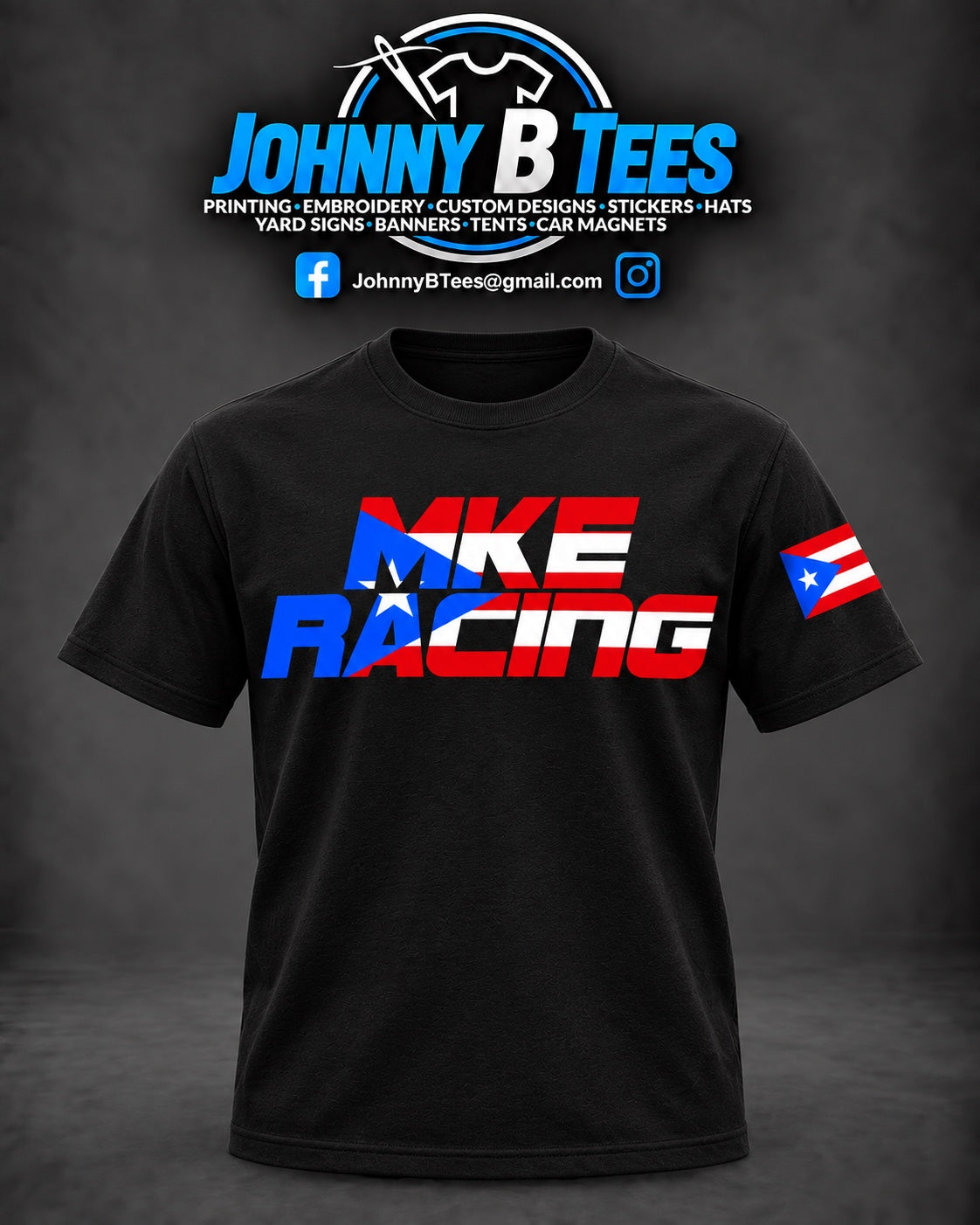 Black MKE Racing T-shirt with a Puerto Rican flag chest logo and matching sleeve flag.