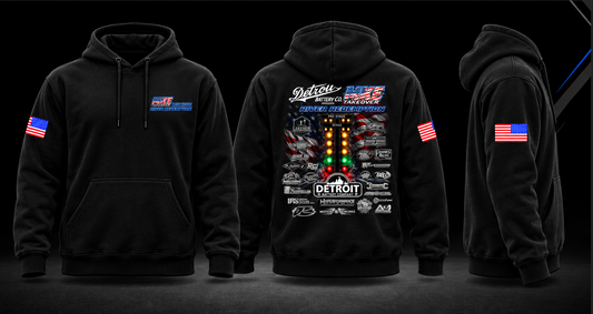 Black MKE Takeover River Redemption hoodie front, back, and American flag sleeve mockup.