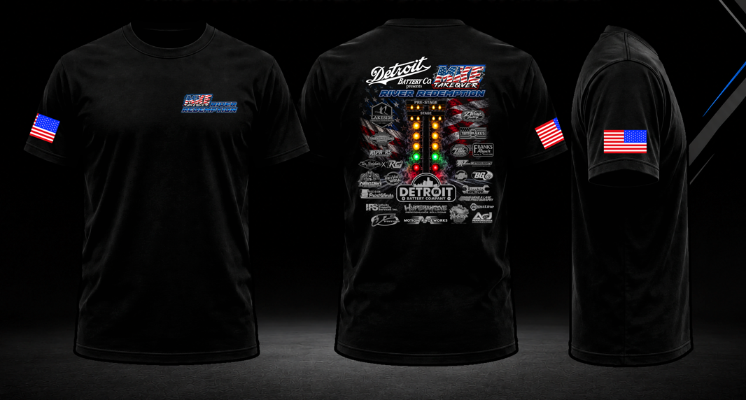 Black MKE Takeover River Redemption T-shirt front, back, and American flag sleeve mockup.